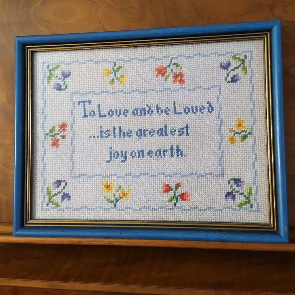 Vintage Framed Wall Hanging “To Love & Be Loved”  Needlepoint Blue Float Frame